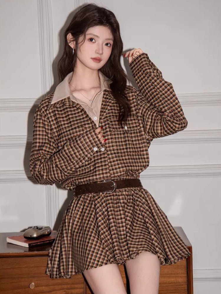 Vintage Plaid Button Down Shirt Dress with Pockets Brown - View 6 | WEUXS