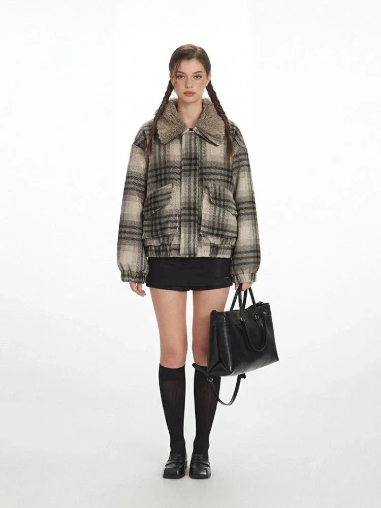 Vintage Plaid Faux Shearling Bomber Jacket - WEUXS