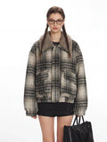 Vintage Plaid Faux Shearling Bomber Jacket - WEUXS