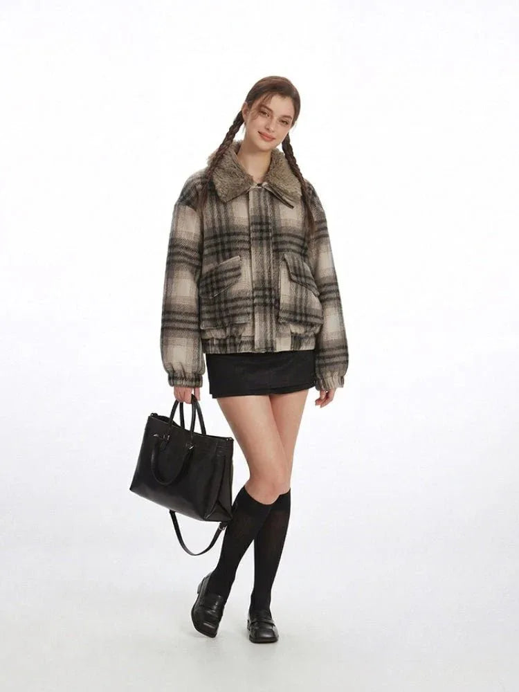 Vintage Plaid Faux Shearling Bomber Jacket - WEUXS