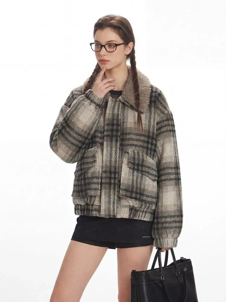 Vintage Plaid Faux Shearling Bomber Jacket - WEUXS
