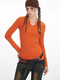 Vintage Pumpkin Orange Split Neck Long Sleeve Top - WEUXS