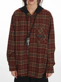 Vintage red grid plaid hooded flannel shirt with button-down closure and chest pocket - View 6 | WEUXS