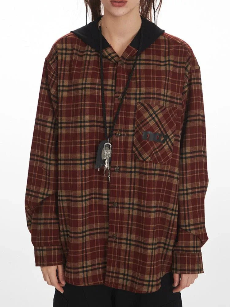 Vintage red grid plaid hooded flannel shirt with button-down closure and chest pocket - View 6 | WEUXS