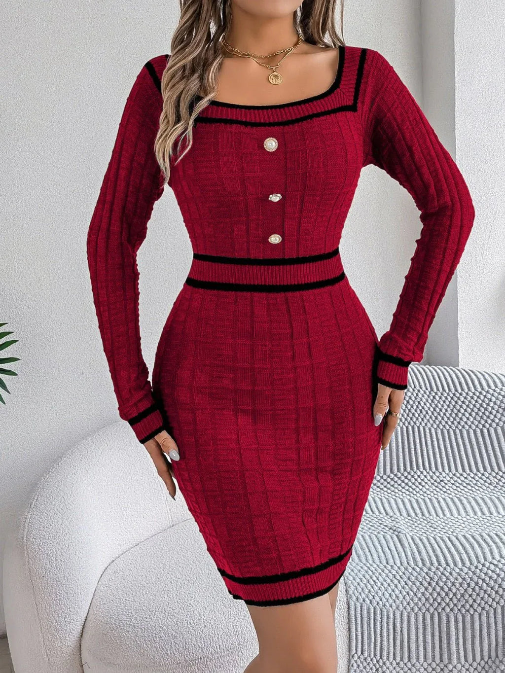 Vintage Red Square Neck Knit Dress - WEUXS