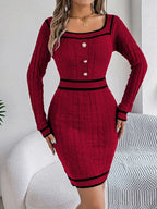 Vintage Red Square Neck Knit Dress - WEUXS