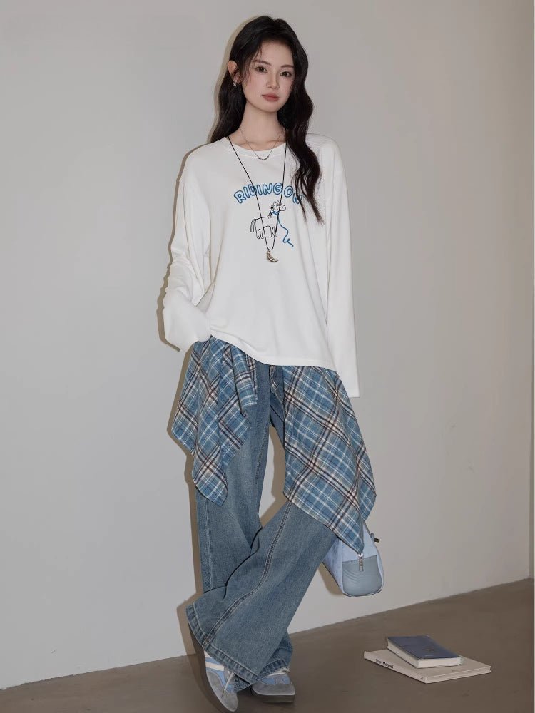 Whimsical Horse Graphic Long Sleeve Tee White - WEUXS