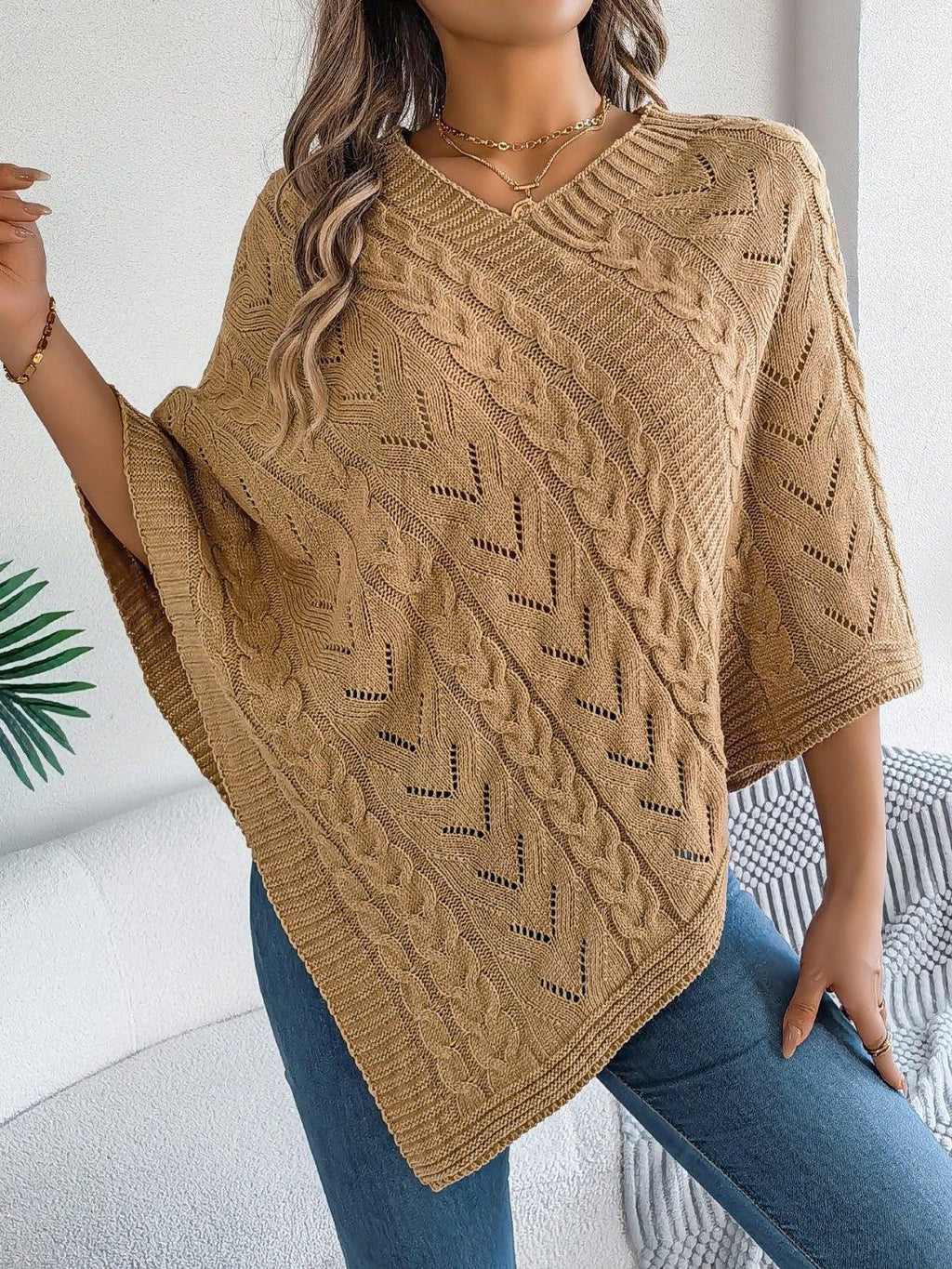 Cable Knit V-Neck Poncho Sweater - View 7 | WEUXS