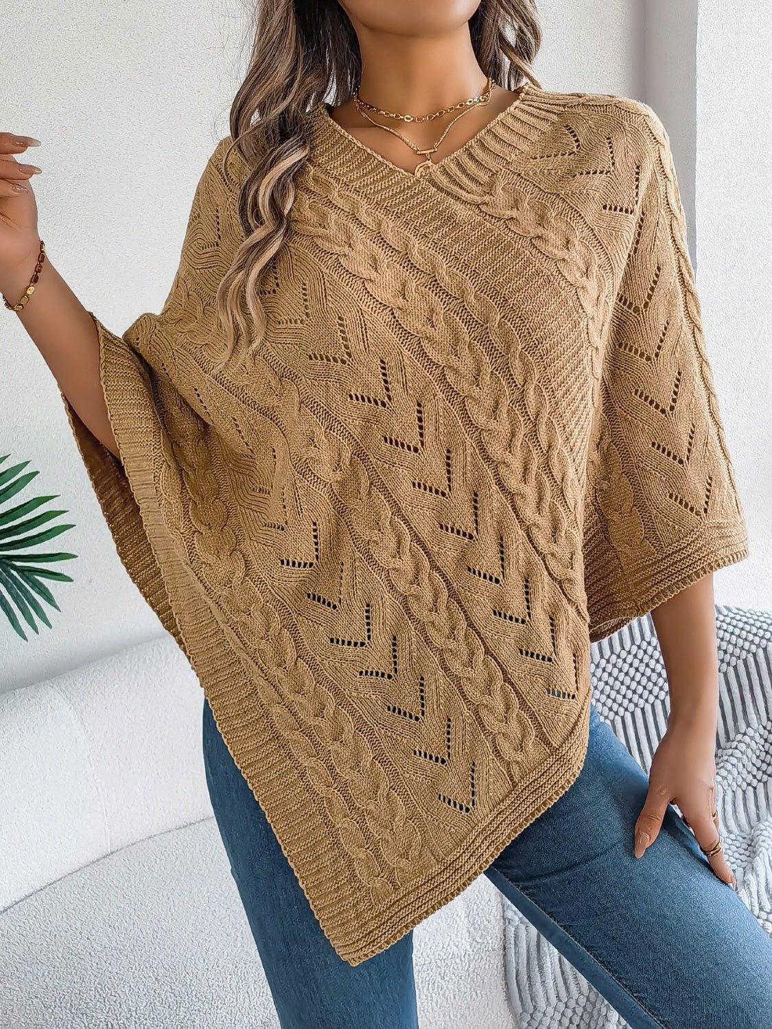 Cable Knit V-Neck Poncho Sweater - View 7 | WEUXS