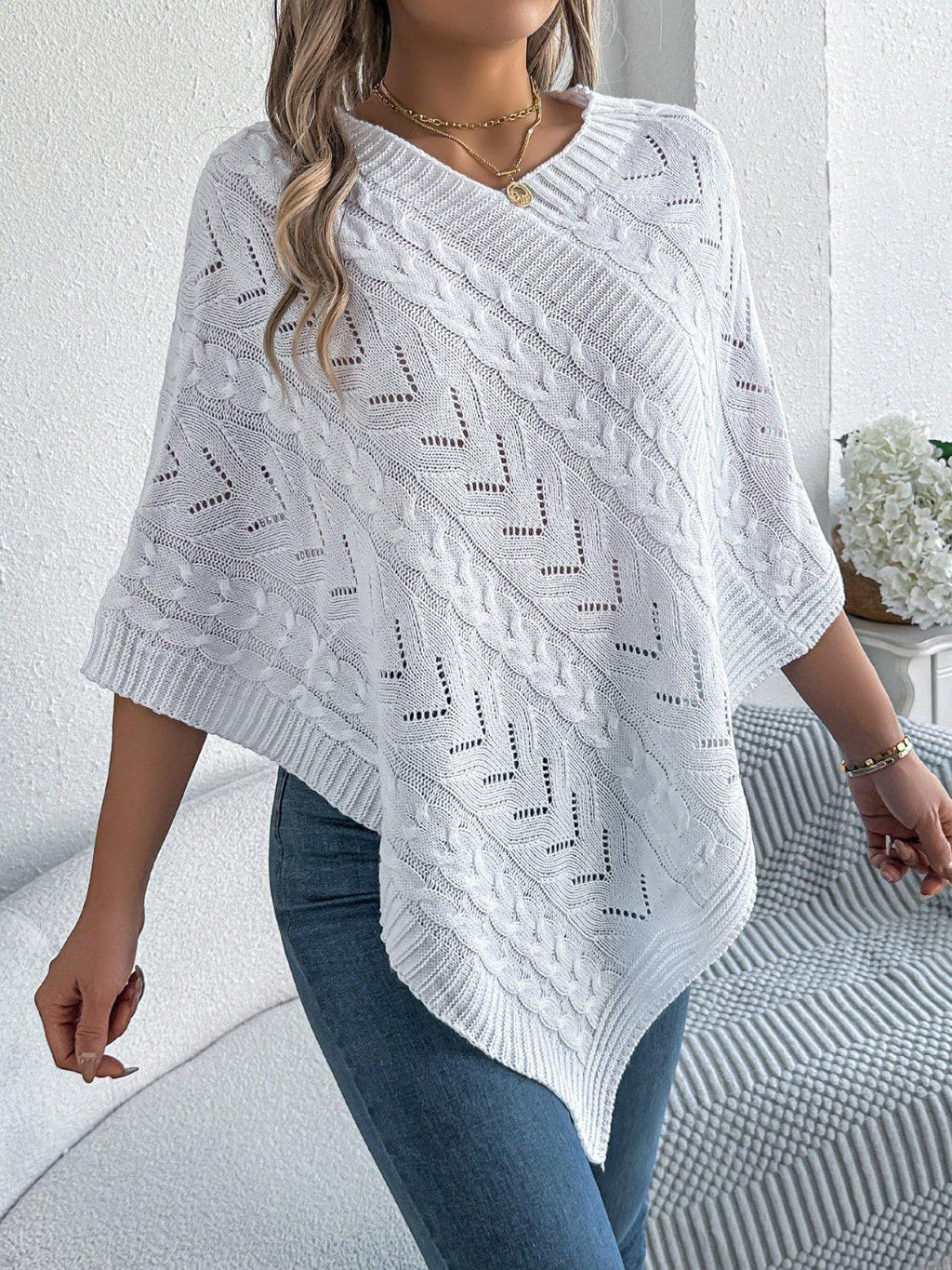 White Cable Knit V-Neck Poncho Sweater - WEUXS