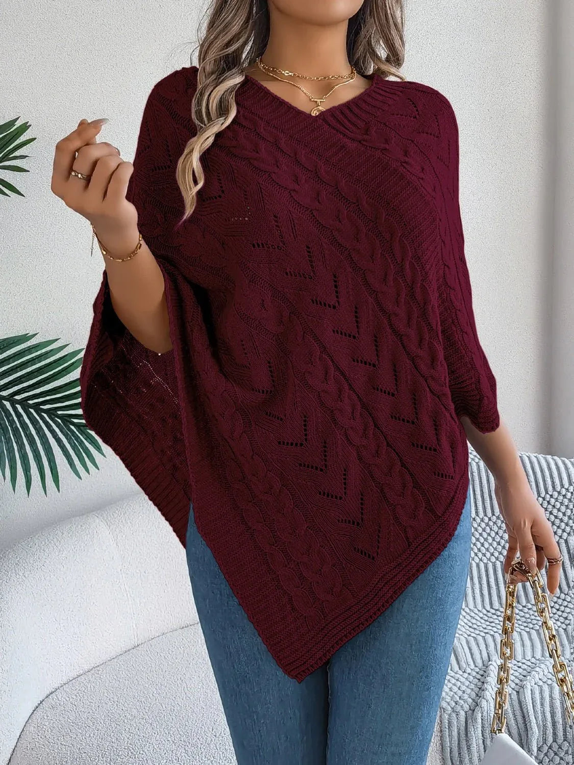Cable Knit V-Neck Poncho Sweater - View 17 | WEUXS