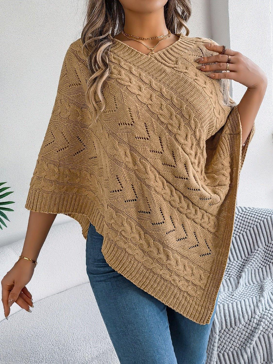 White Cable Knit V-Neck Poncho Sweater - WEUXS