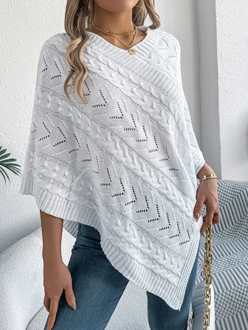 White Cable Knit V-Neck Poncho Sweater - WEUXS
