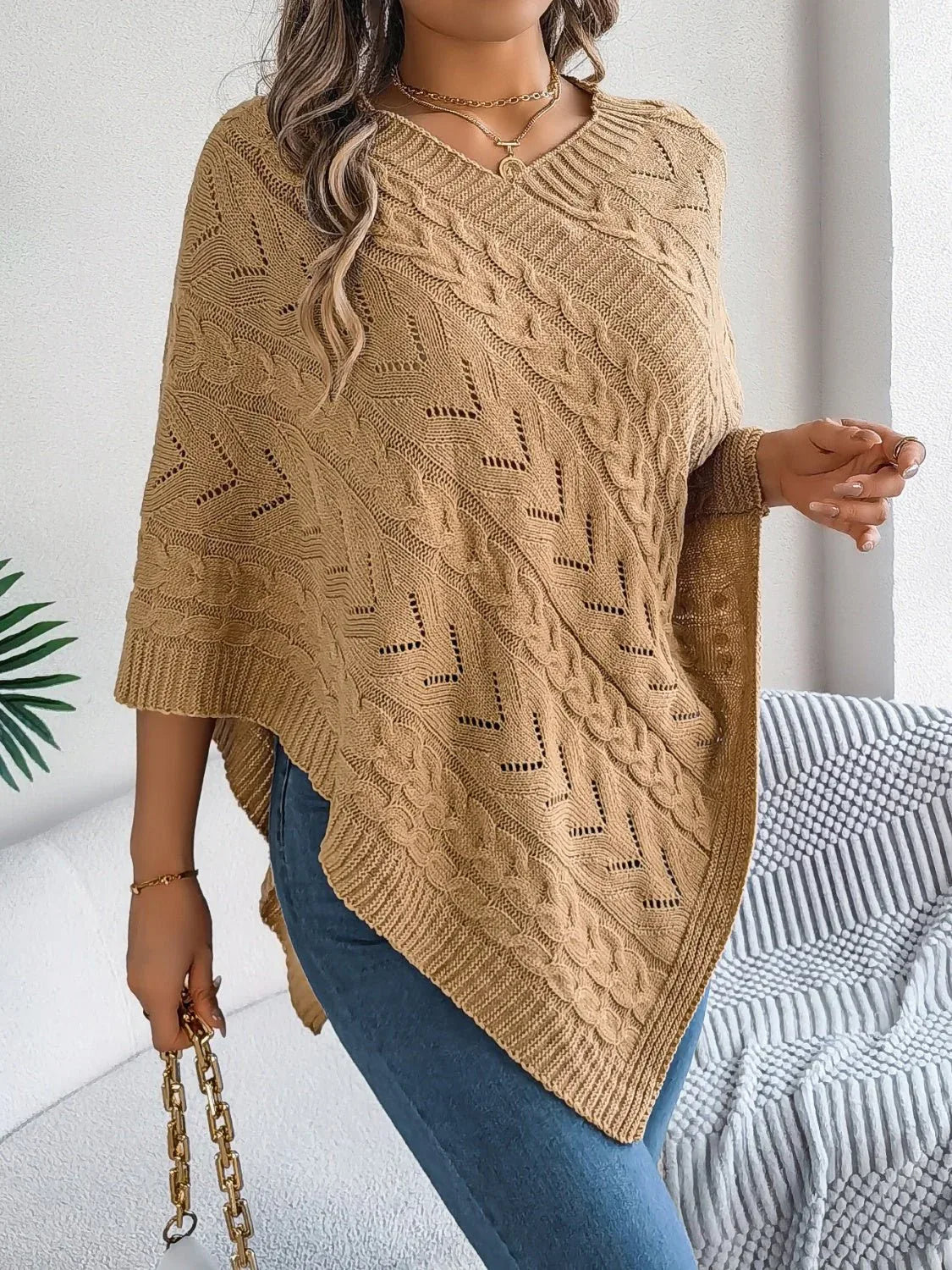 Cable Knit V-Neck Poncho Sweater - View 11 | WEUXS