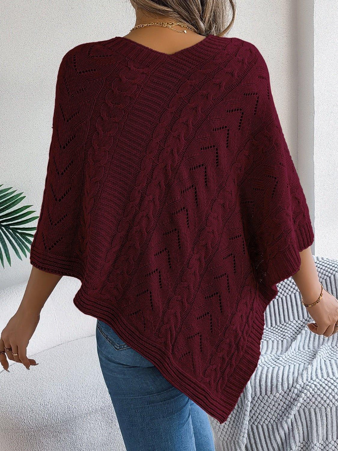 Cable Knit V-Neck Poncho Sweater - View 13 | WEUXS