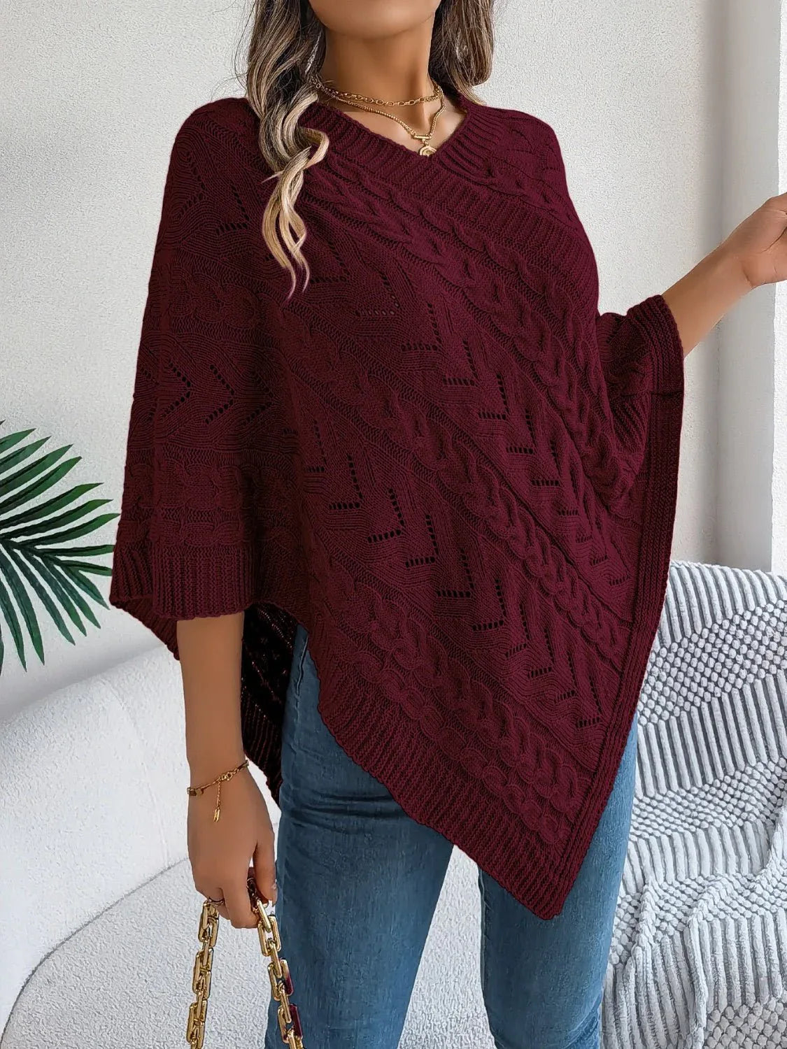Cable Knit V-Neck Poncho Sweater - View 15 | WEUXS