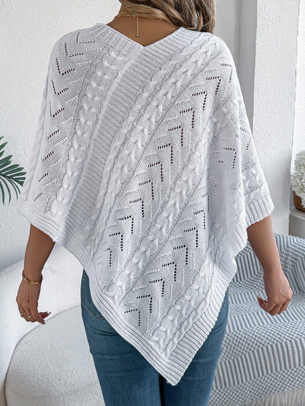 White Cable Knit V-Neck Poncho Sweater - WEUXS