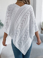 White Cable Knit V-Neck Poncho Sweater - WEUXS