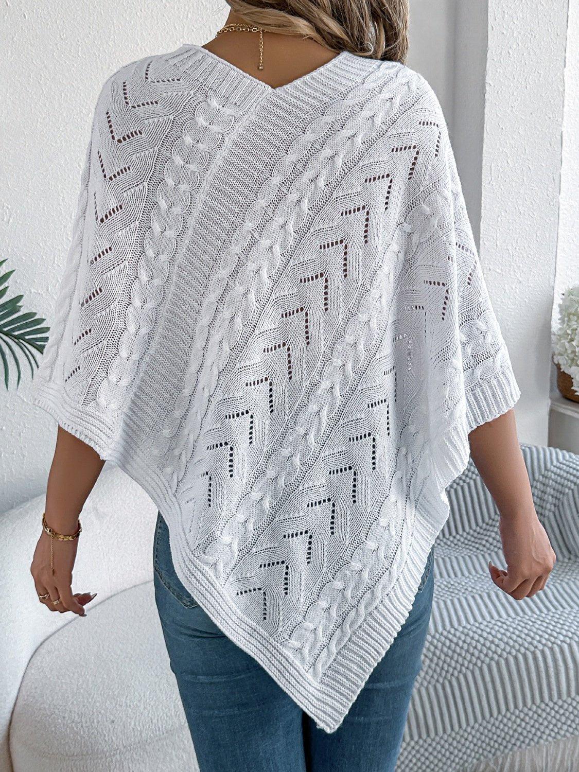 White Cable Knit V-Neck Poncho Sweater - WEUXS