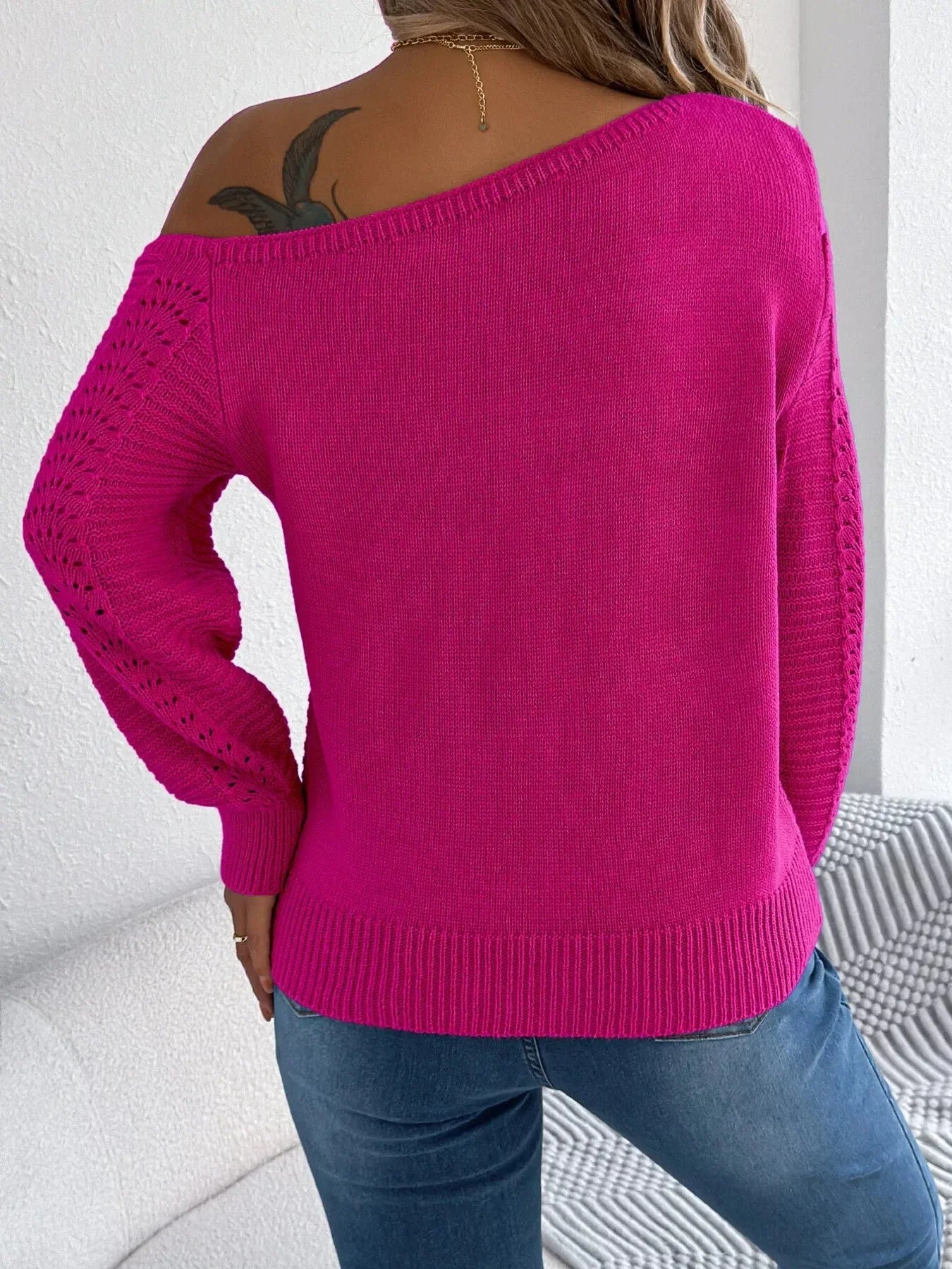 White cold shoulder knit sweater - View 11 | WEUXS