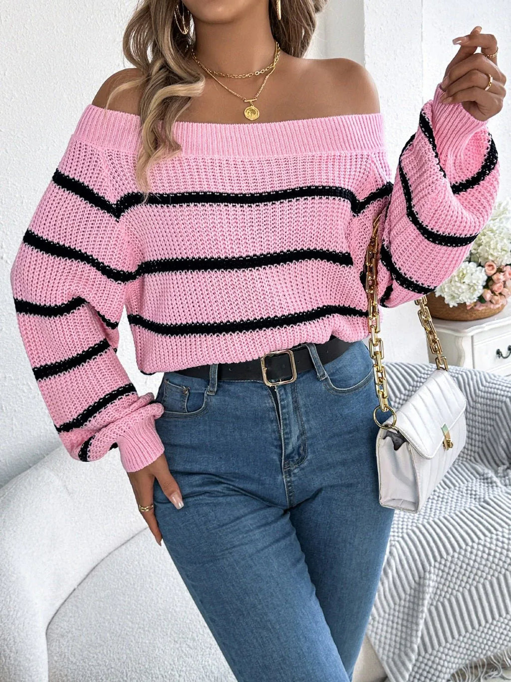 White Striped Off-Shoulder Knit Sweater - WEUXS