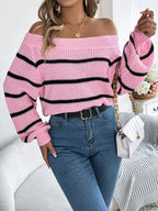 White Striped Off-Shoulder Knit Sweater - WEUXS