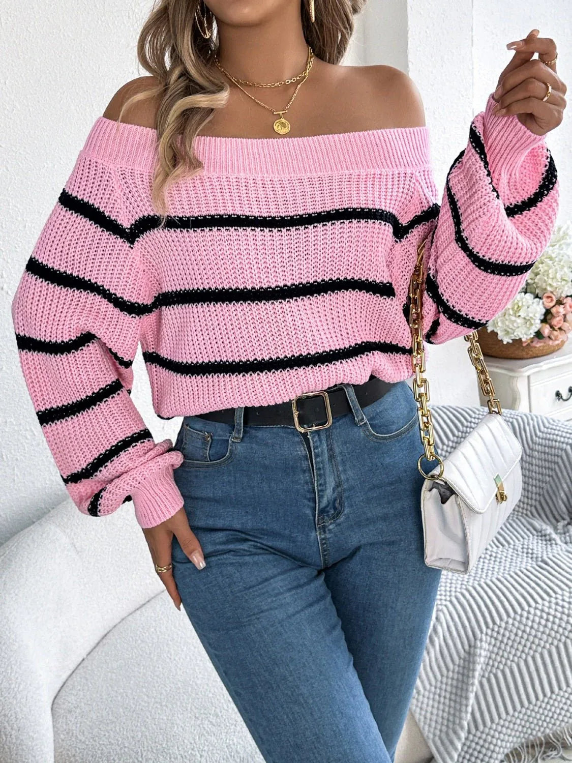White Striped Off-Shoulder Knit Sweater - WEUXS