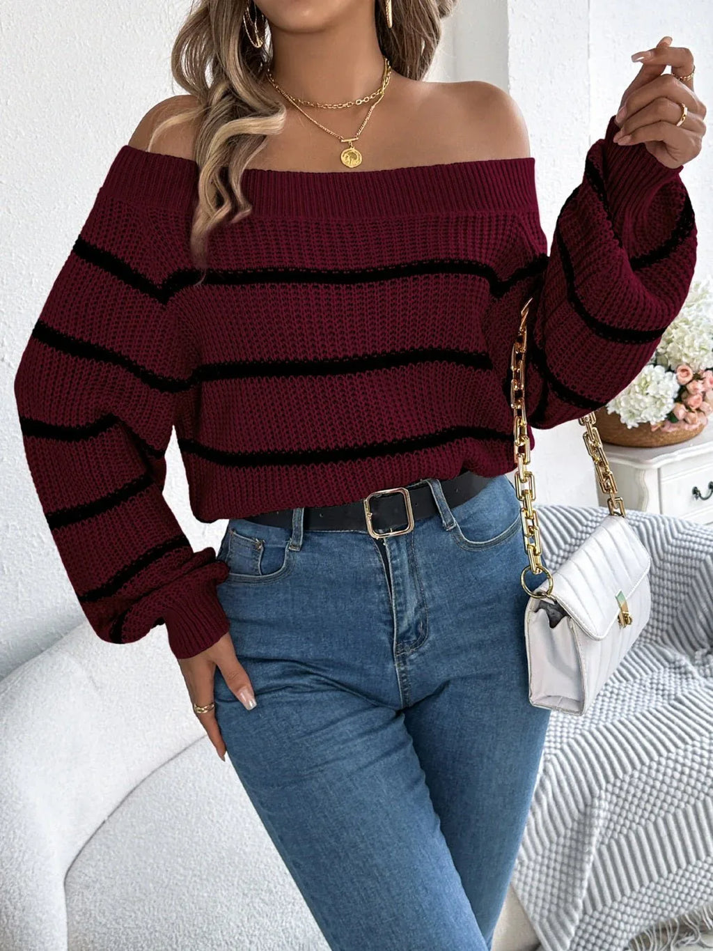 White Striped Off-Shoulder Knit Sweater - WEUXS