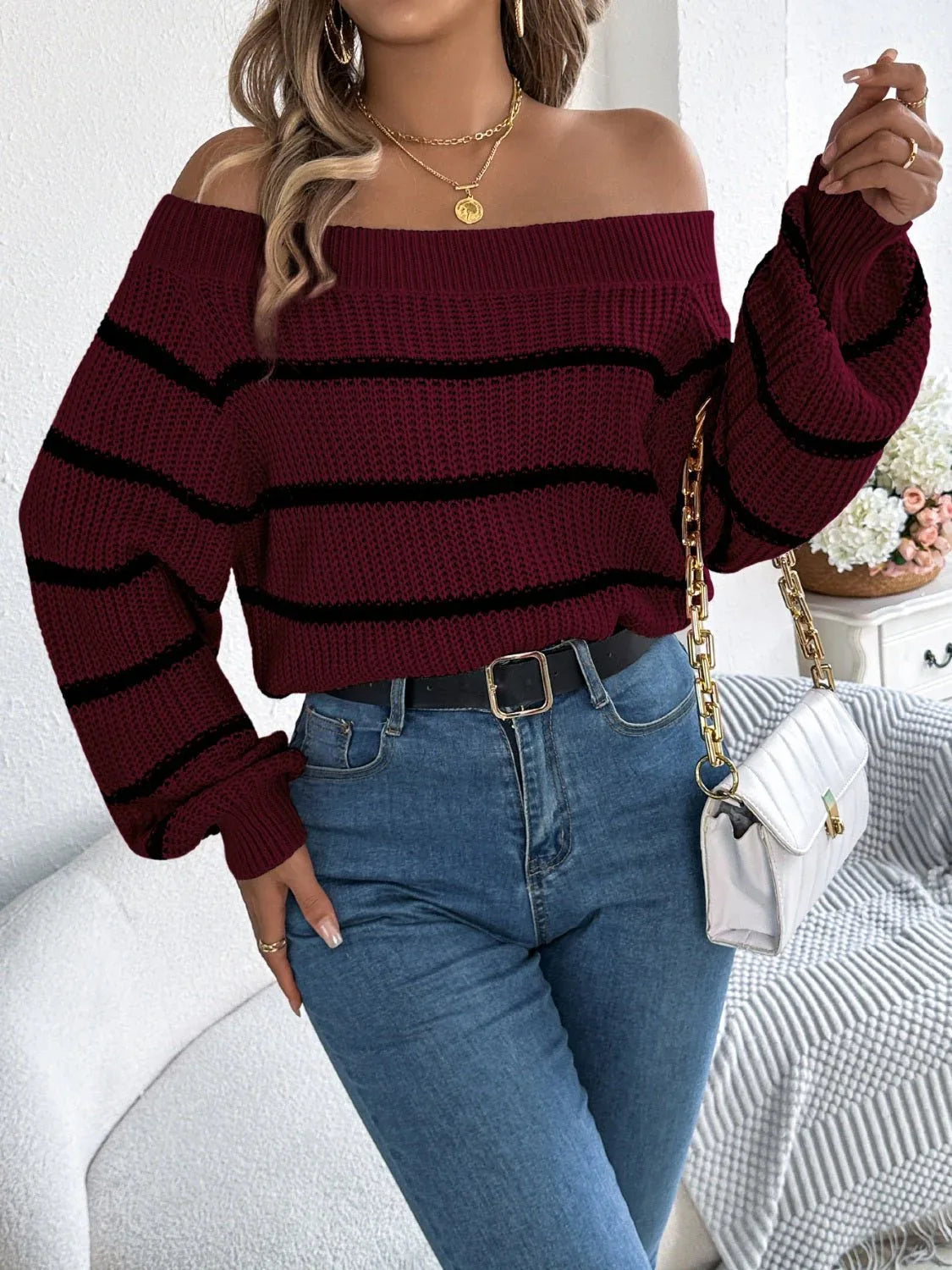 White Striped Off-Shoulder Knit Sweater - WEUXS