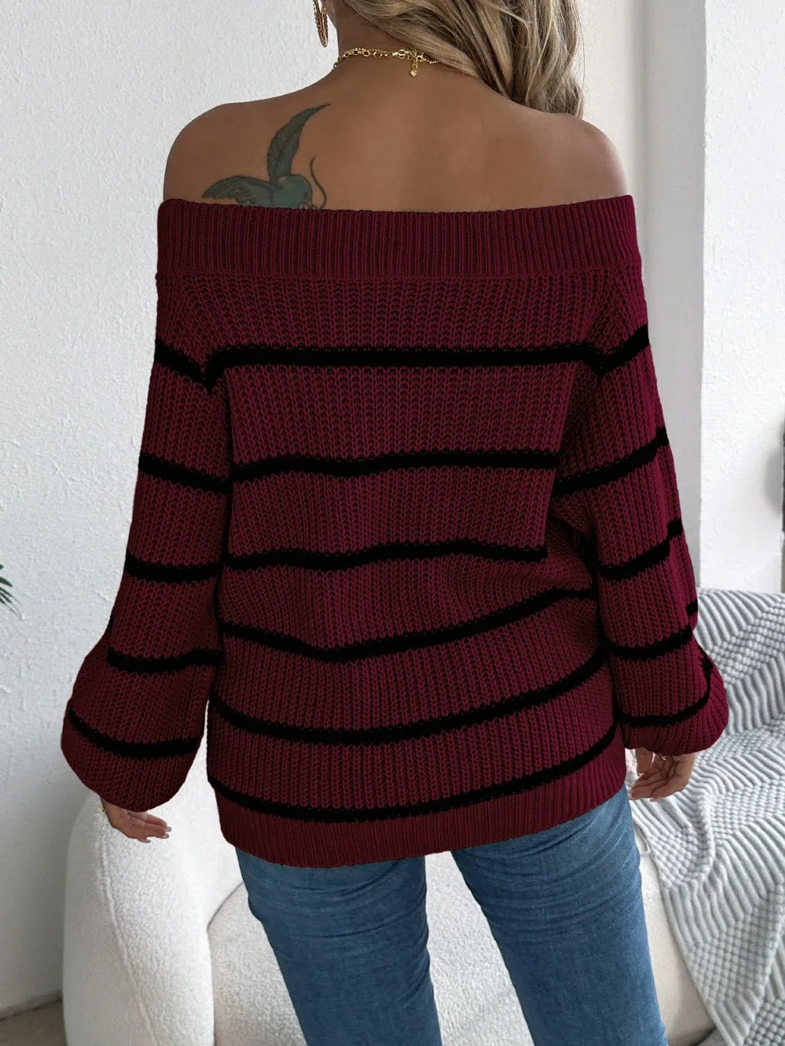 Off Shoulder Striped Knit Sweater - View 8 | WEUXS
