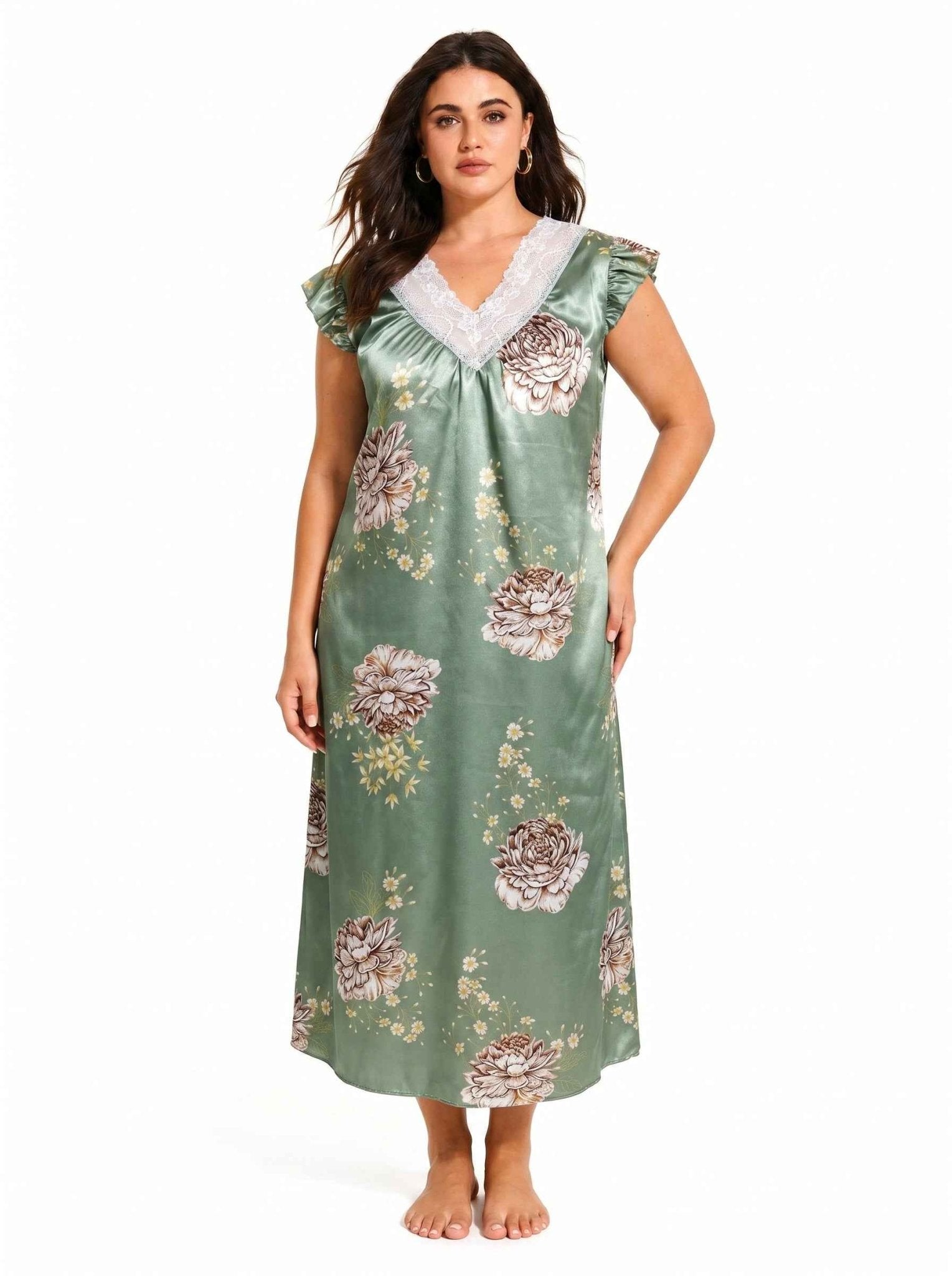 Women's Floral Print V-Neck Midi Nightgown - WEUXS Main image