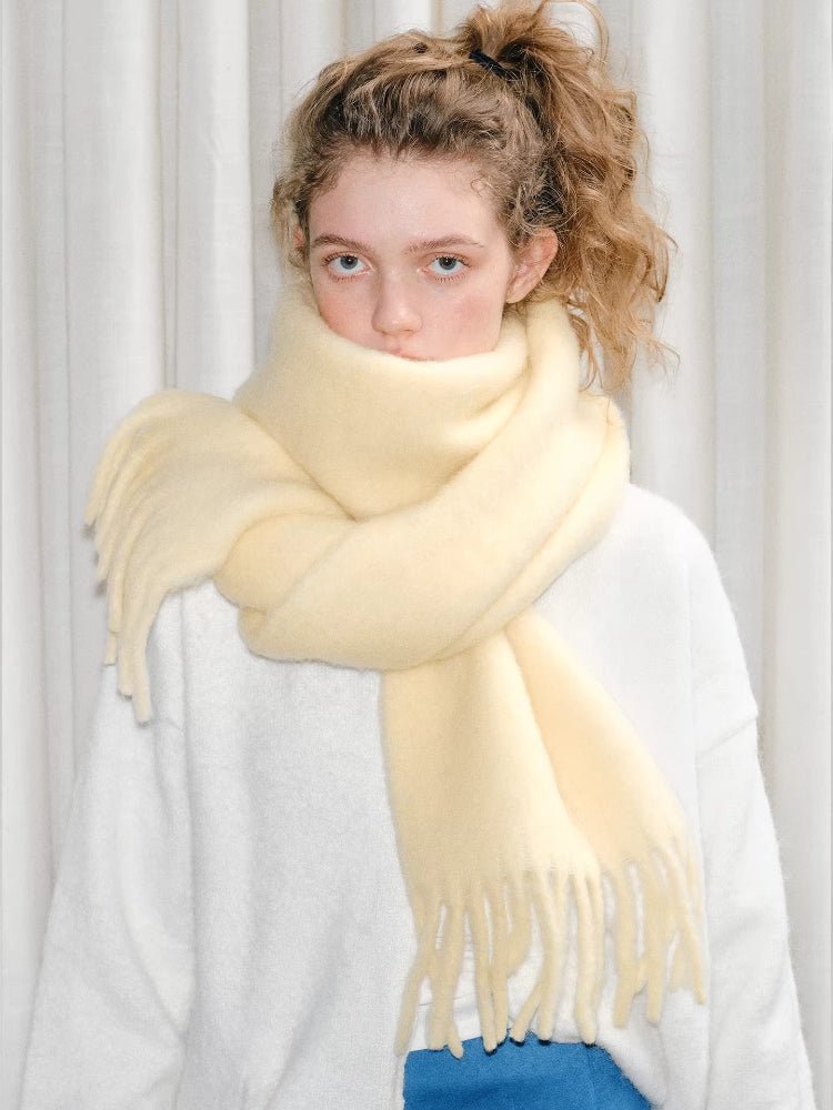 Wool Blend Tassel Scarf Cream Yellow Winter Shawl - WEUXS