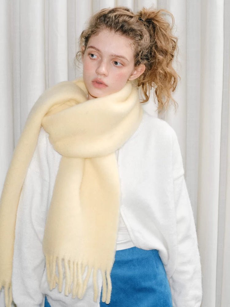 Wool Blend Tassel Scarf Cream Yellow Winter Shawl - WEUXS