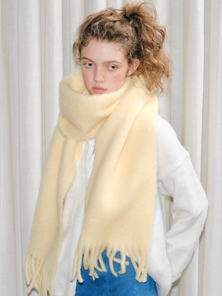 Wool Blend Tassel Scarf Cream Yellow Winter Shawl - WEUXS