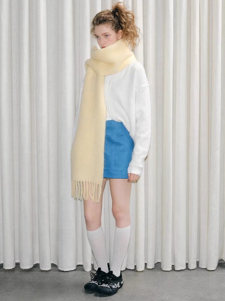 Wool Blend Tassel Scarf Cream Yellow Winter Shawl - WEUXS