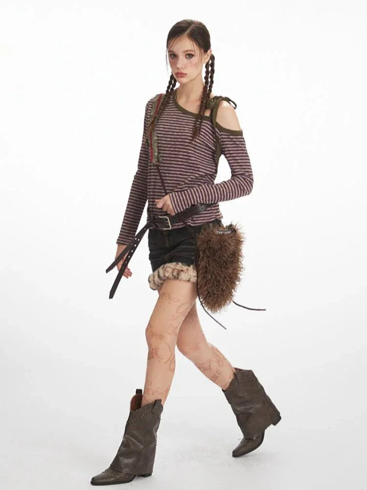 Y2K Grunge Asymmetrical Striped Long Sleeve Top - WEUXS