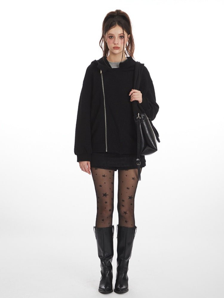 Y2K Grunge Asymmetrical Zipper Hoodie - WEUXS