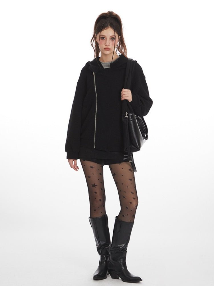 Y2K Grunge Asymmetrical Zipper Hoodie - WEUXS