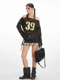 Asymmetrical Long Sleeve Top with Camo and Graphic Print - View 6 | WEUXS