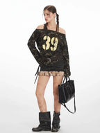 Asymmetrical Long Sleeve Top with Camo and Graphic Print - View 6 | WEUXS