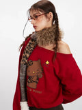 Side profile of a woman wearing a red off-the-shoulder sweatshirt with a Hello Kitty graphic, brown mini skirt, and a leopard print scarf.