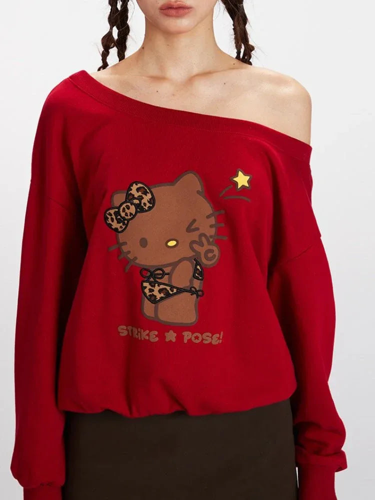 Y2K Leopard Kitty Off-Shoulder Sweatshirt - View 6 | WEUXS