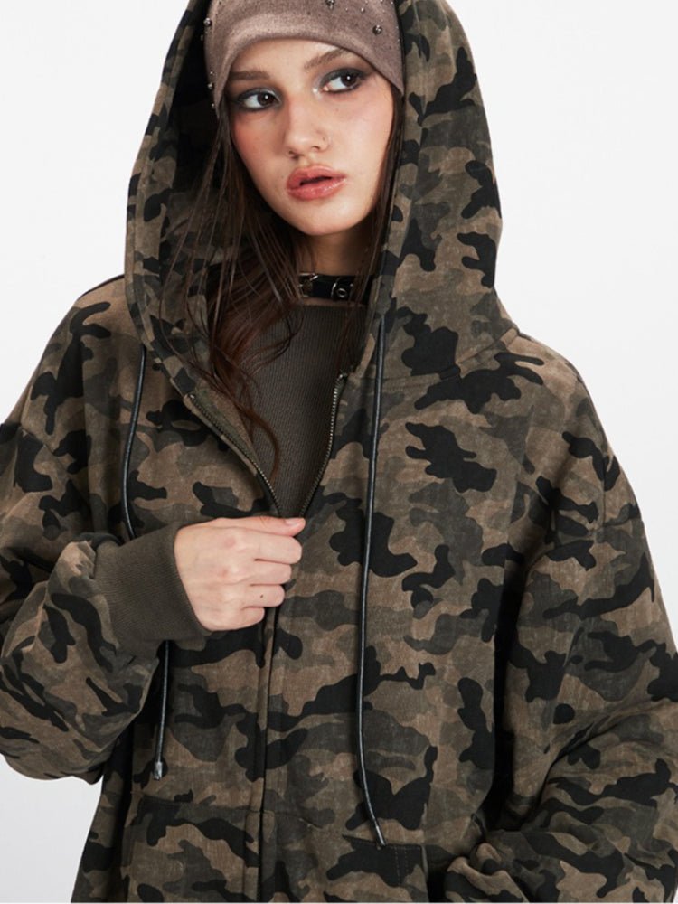 Y2K Vintage Aesthetic Camo Zip - Up Hoodie - WEUXS