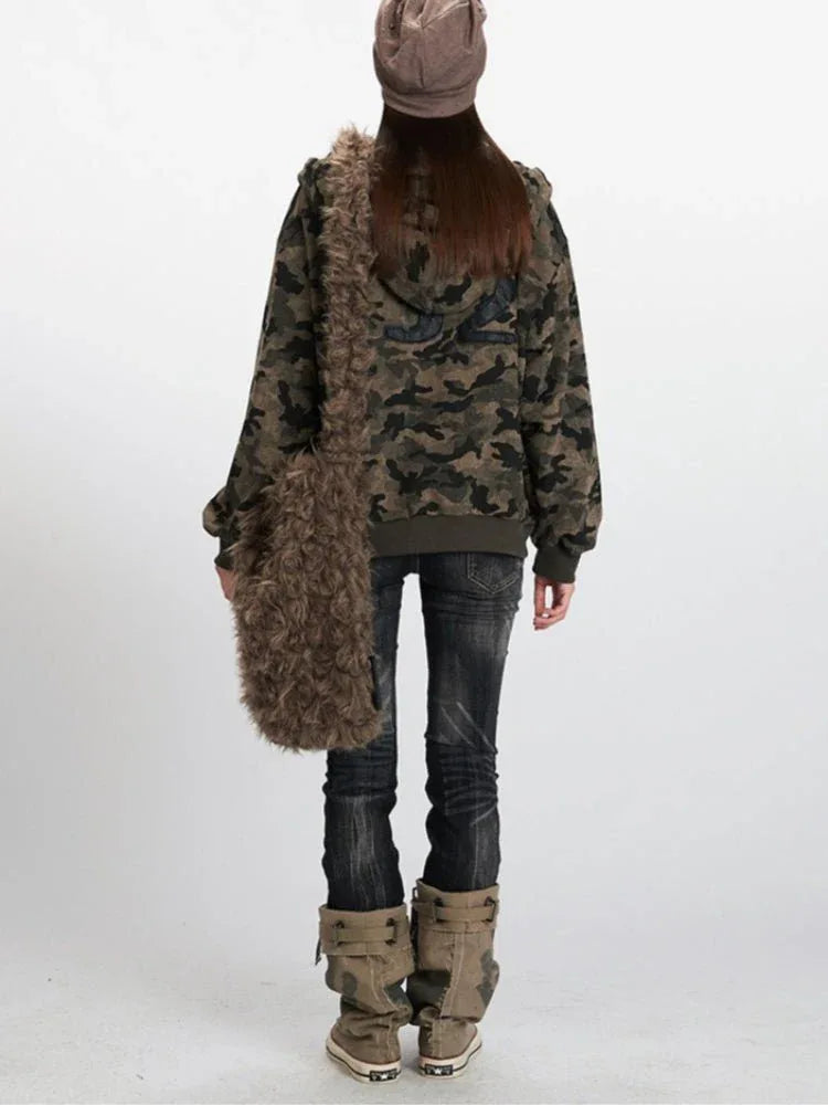 Y2K Vintage Aesthetic Camo Zip-Up Hoodie - WEUXS