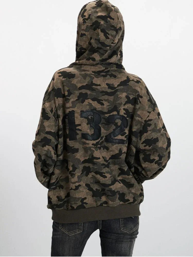 Y2K Vintage Aesthetic Camo Zip-Up Hoodie - WEUXS