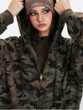 Y2K Vintage Aesthetic Camo Zip - Up Hoodie - WEUXS