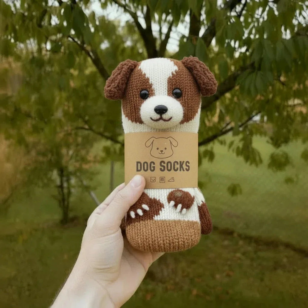 A hand holding a single white and brown knitted dog sock with a "Dog Socks" tag